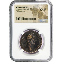 138-161 AD Roman Empire Antoninus Pius AE Sestertius NGC Choice Fine Coin
