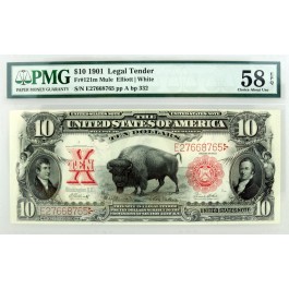 1901 $10 Legal Tender United States Note Bison Fr#121m Mule PMG CH AU58 EPQ