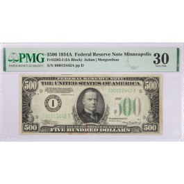 Series Of 1934 A $500 Note FRN Minneapolis Fr#2202-I IA Block PMG VF30 Stains, Stamp Ink