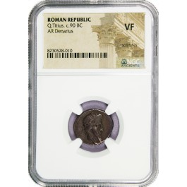 c. 90 BC Roman Republic Quintus Titius Pegasus AR Denarius Silver NGC VF