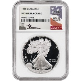 1986 S $1 Proof Silver American Eagle NGC PF70 UC John Mercanti Signature