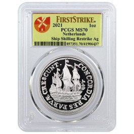 2021 1 oz .9999 Fine Silver Ship Shilling Restrike Netherlands PCGS MS70