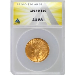 1914 D $10 Indian Head Gold Eagle ANACS AU58 About Uncirculated Coin