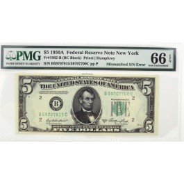 1950 A $5 New York Mismatched Serial Numbers Error Fr#1962-B PMG Gem UNC 66 EPQ