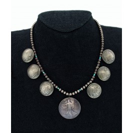 UNSIGNED Native American Buffalo Nickel Liberty Coin Turquoise Beaded Necklace 
