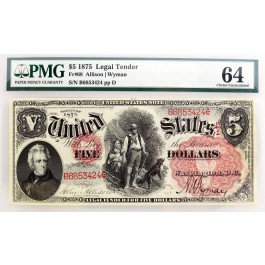 Series Of 1875 $5 Legal Tender Woodchopper Large Red Seal Fr#68 PMG CH UNC 64