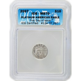 2007 $10 American Platinum Eagle 1/10 oz .9995 Fine ICG MS70 FDOI Coin