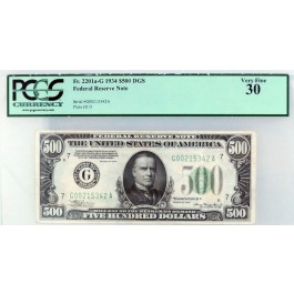 Series of 1934 $500 Federal Reserve Note Fr#2201a-G PCGS VF30