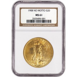 1908 Motto $20 Gold St Gaudens Double Eagle NGC MS61
