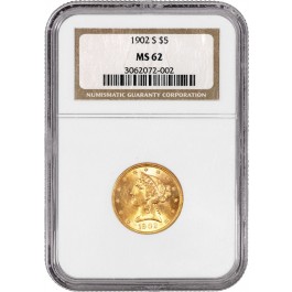 1902 S $5 Liberty Head Half Eagle Gold NGC MS62 Uncirculated Mint State Coin