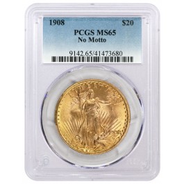 1908 No Motto $20 St Gaudens Double Eagle Gold PCGS MS65 Gem Uncirculated Coin