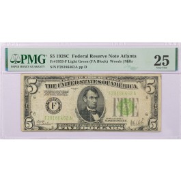 1928 C $5 Federal Reserve Note Atlanta Fr#1953-F Light Green (FA Block) PMG VF25