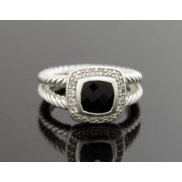 David Yurman Petite Albion Sterling Silver 7mm Black Onyx Pave Diamond Ring 5.5