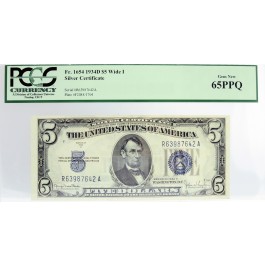 Series Of 1934 D $5 Silver Certificate Note Fr#1654 Wide I PCGS Gem New 65 PPQ