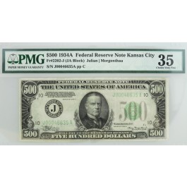 Series Of 1934 A $500 Bill FRN Kansas City Fr#2202-J JA Block PMG Ch VF35