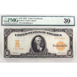 Series Of 1907 $10 Gold Certificate Note Fr#1171 PMG VF30 'Minor Repair'