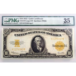 Series Of 1922 $10 Gold Certificate Star Note Large S/N Fr#1173 PMG Ch VF35