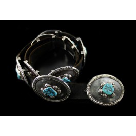 Native American Navajo Handmade Sterling Silver Turquoise Concho Belt Signed "L"