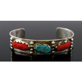 Zuni Native American Sterling Silver Turquoise Coral Cuff Bracelet 6"