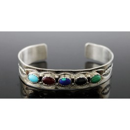 J. Bahe Native American Sterling Silver Multi Stone Cuff Bracelet 6"