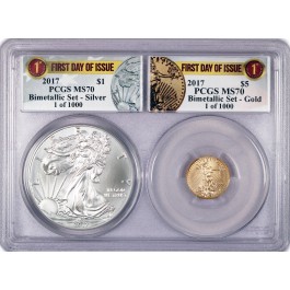 2017 $1 $5 American Eagle Silver & Gold Coin Bimetallic Set PCGS MS70 FDOI
