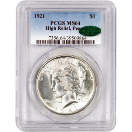 1921 High Relief $1 Peace Dollar Silver PCGS MS64 CAC Key Date Coin