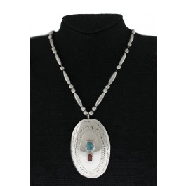 Navajo Native American Sterling Silver Concho Turquoise Coral Beaded Necklace 25"