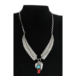 Native American Melissa Yazzie Sterling Silver Feathers Turquoise Coral Necklace