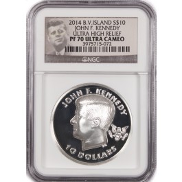 2014 $10 Proof B.V. Island John F. Kennedy Ultra High Relief  2 oz Silver PF70 UC
