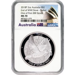 2018 P $2 AUD 2 oz Silver End of WWI Dove Piefort NGC MS70