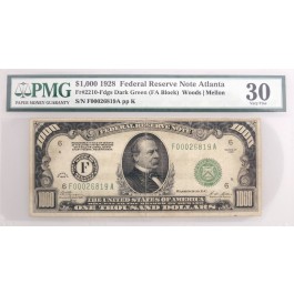 Series Of 1928 $1000 Bill Note FRN Atlanta Dark Green Seal Fr#2210-Fdgs PMG VF30