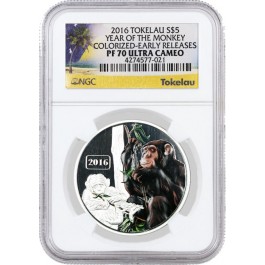 2016 $5 Tokelau Proof Year Of The Monkey Colorized 1 oz .999 Silver NGC PF70 ER