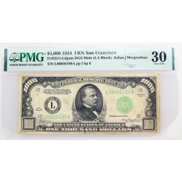 Series Of 1934 $1000 Bill FRN San Francisco Fr#2211-Ldgsm DGS Mule PMG VF30 Rust