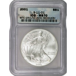 2001 $1 1 oz .999 Fine Silver American Eagle ICG MS70 WTC Ground Zero Recovery