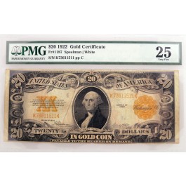 Series Of 1922 $20 Large Size Gold Certificate Note Fr#1187 PMG VF25 Ink Stamp