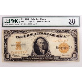 Series Of 1922 $10 Large S/N Gold Certificate Fr#1173 PMG VF30 Minor Rust