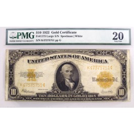 Series Of 1922 $10 Large S/N Gold Certificate Fr#1173 PMG VF20