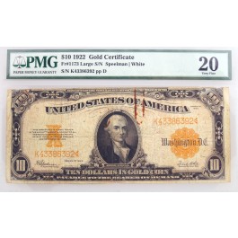 Series Of 1922 $10 Large S/N Gold Certificate Fr#1173 PMG VF20 Rust