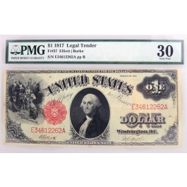 Series Of 1917 $1 Legal Tender Note Red Seal Sawhorse Fr#37 PMG VF30