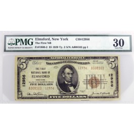 1929 $5 First National Bank Of Elmsford NY CH#12956 Fr#1800-2 Type 2 PMG VF30