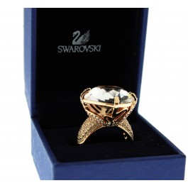 Signed Swarovski Gold Tone Cushion Cut Crystal Cocktail Ring Size 8
