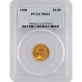 1908 $2.5 Indian Head Quarter Eagle Gold PCGS MS63 Brilliant Uncirculated Coin