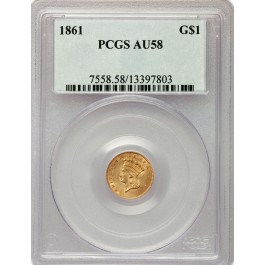 1861 $1 Indian Head Princess Type 3 Gold Dollar PCGS AU58 Coin