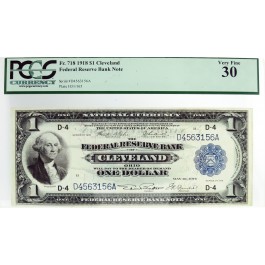 Series Of 1918 $1 Federal Reserve Bank Note Cleveland Fr#718 PCGS Currency VF30