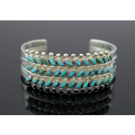 Old Pawn Zuni Native American Sterling Needlepoint Turquoise 3 Row Cuff Bracelet