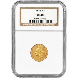 1886 $3 Indian Princess Head Three Dollar Gold NGC XF40 Circulated Coin