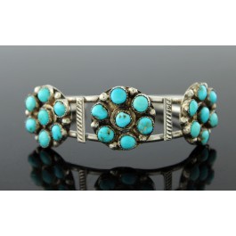 Old Pawn Navajo Native American Sterling Silver Turquoise Flower Cuff Bracelet