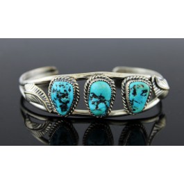 Old Pawn Navajo Native American Sterling Silver 3 Stone Turquoise Cuff Bracelet 