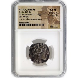 Attica Athens Athena Owl AR Tetradrachm 440-404 BC NGC Ancients Choice XF