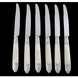 Antique Set Of 6 Louis Coignet French 800 Silver Mother Of Pearl Fruit Knives 8"
